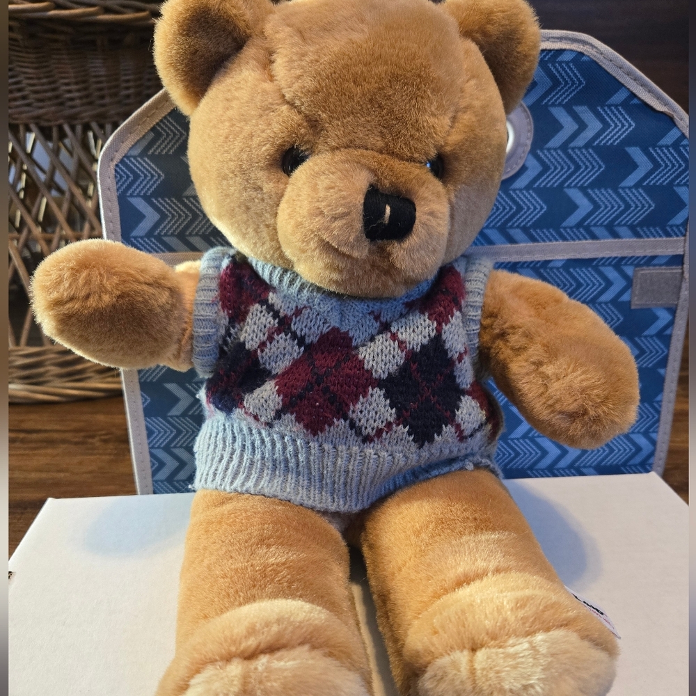 Vintage 1985 Plush Teddy Bear with Argyle Sweater Windsor Toys Love Land